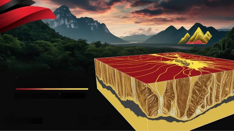 Drone scanning geological terrain with ULF electromagnetic waves penetrating underground and forming a 3D ore body model